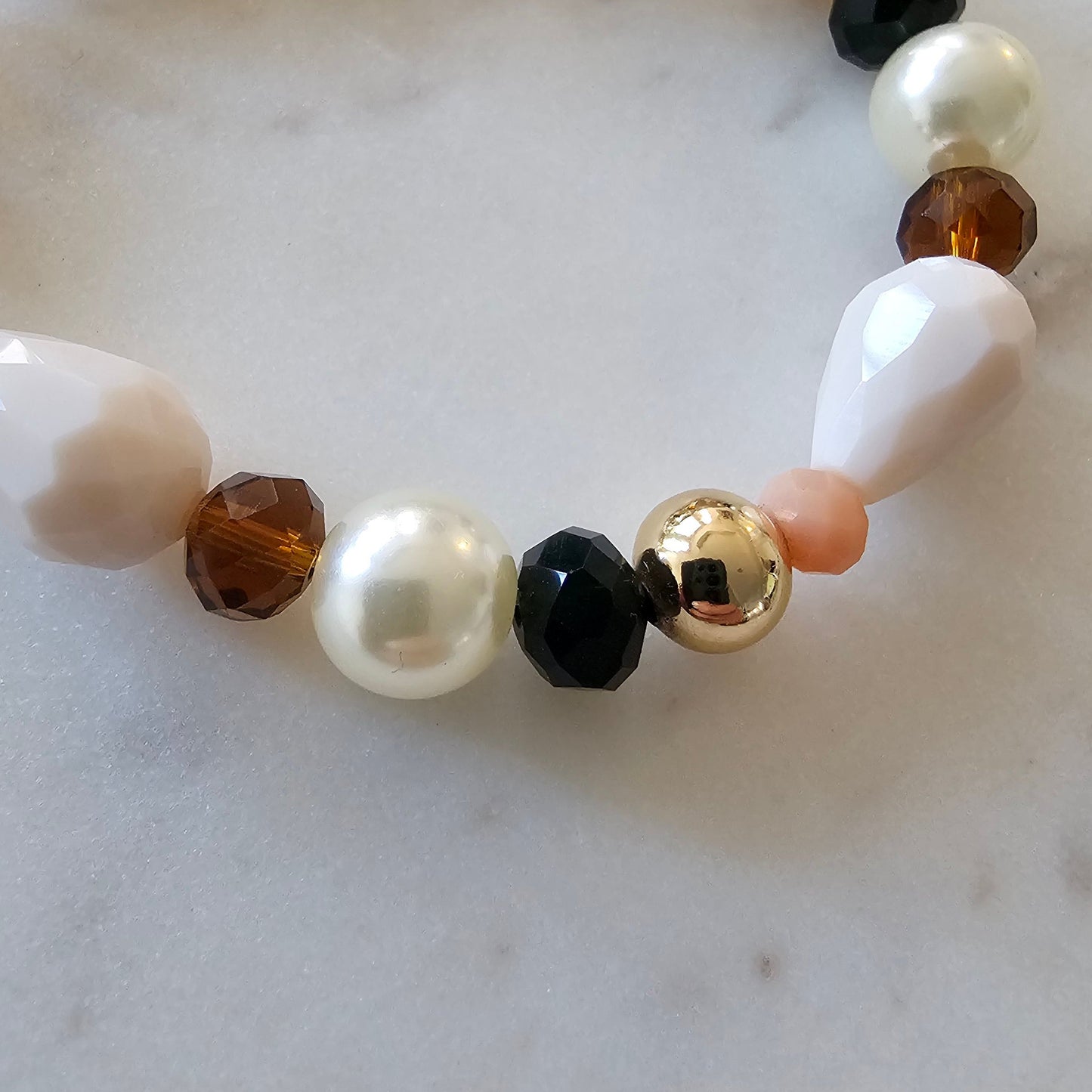 18K Gold Plated Balls, Pearls, Brown Crystals and White Pear Stone Bracelet