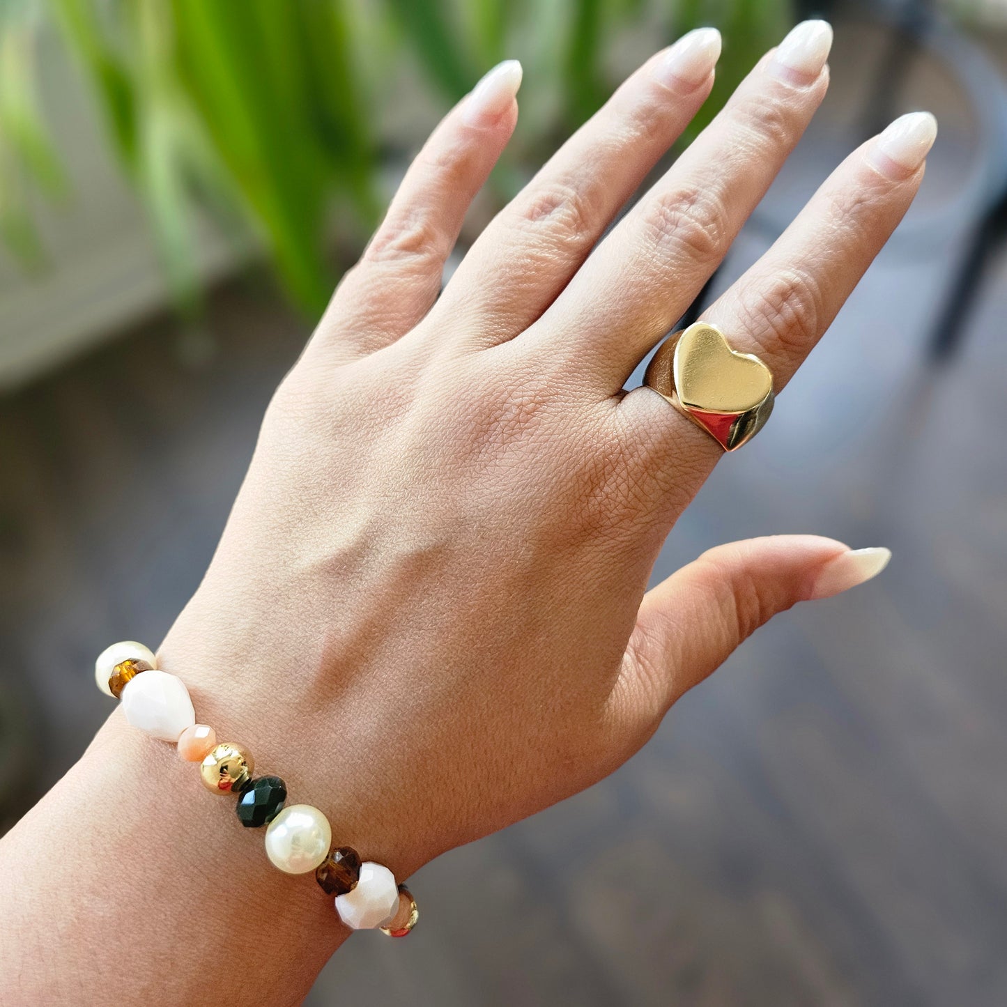 18K Gold Plated Balls, Pearls, Brown Crystals and White Pear Stone Bracelet