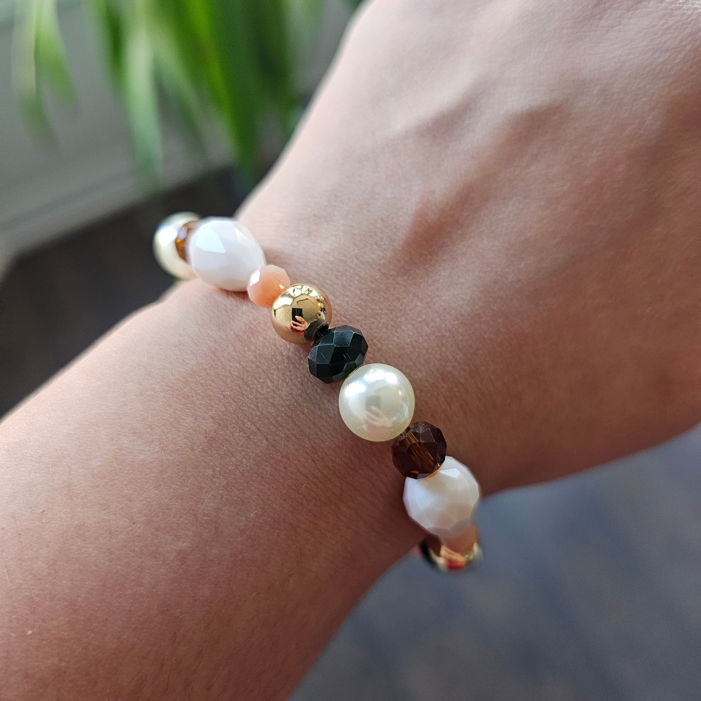 18K Gold Plated Balls, Pearls, Brown Crystals and White Pear Stone Bracelet