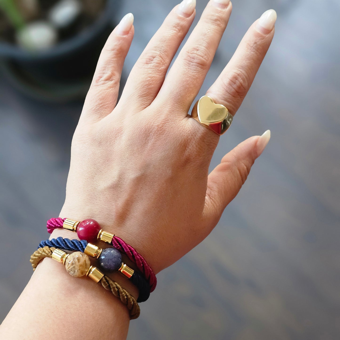 18K Gold Plated Round Rhodonite Bracelet