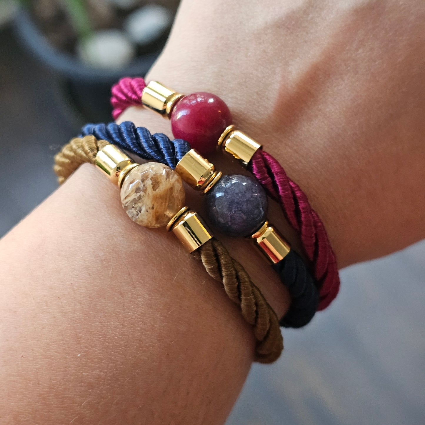 18K Gold Plated Round Rhodonite Bracelet