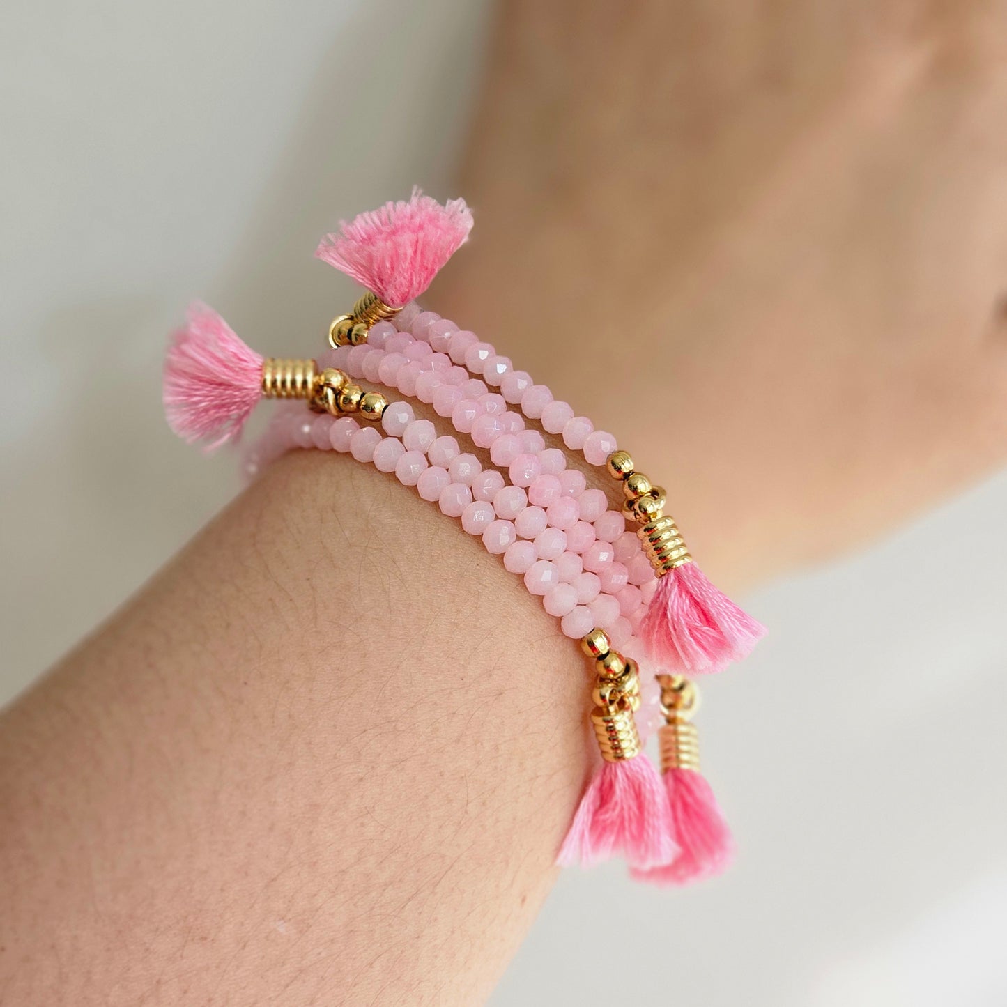 18K Gold Plated Light Pink Crystal and Pompom Bracelet