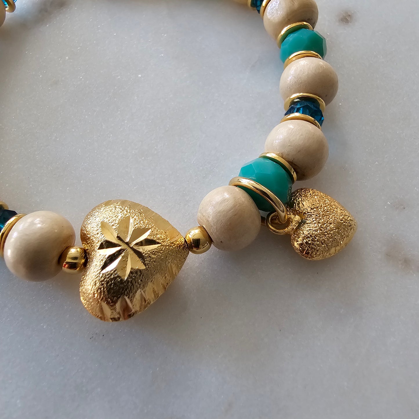 18K Gold Plated Balls, Wood Balls, Green Crystals and Heart Matte Pendant Bracelet