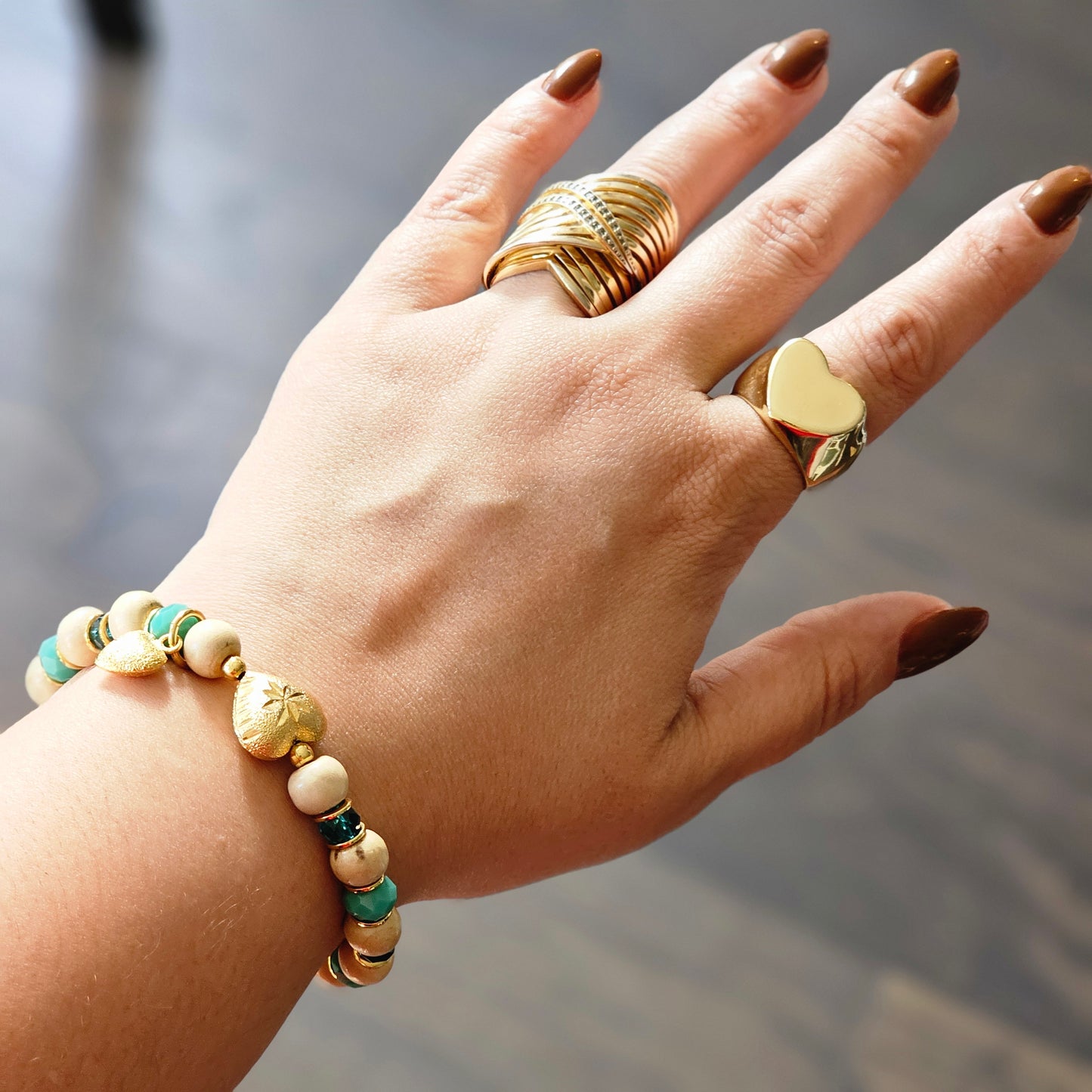 18K Gold Plated Balls, Wood Balls, Green Crystals and Heart Matte Pendant Bracelet