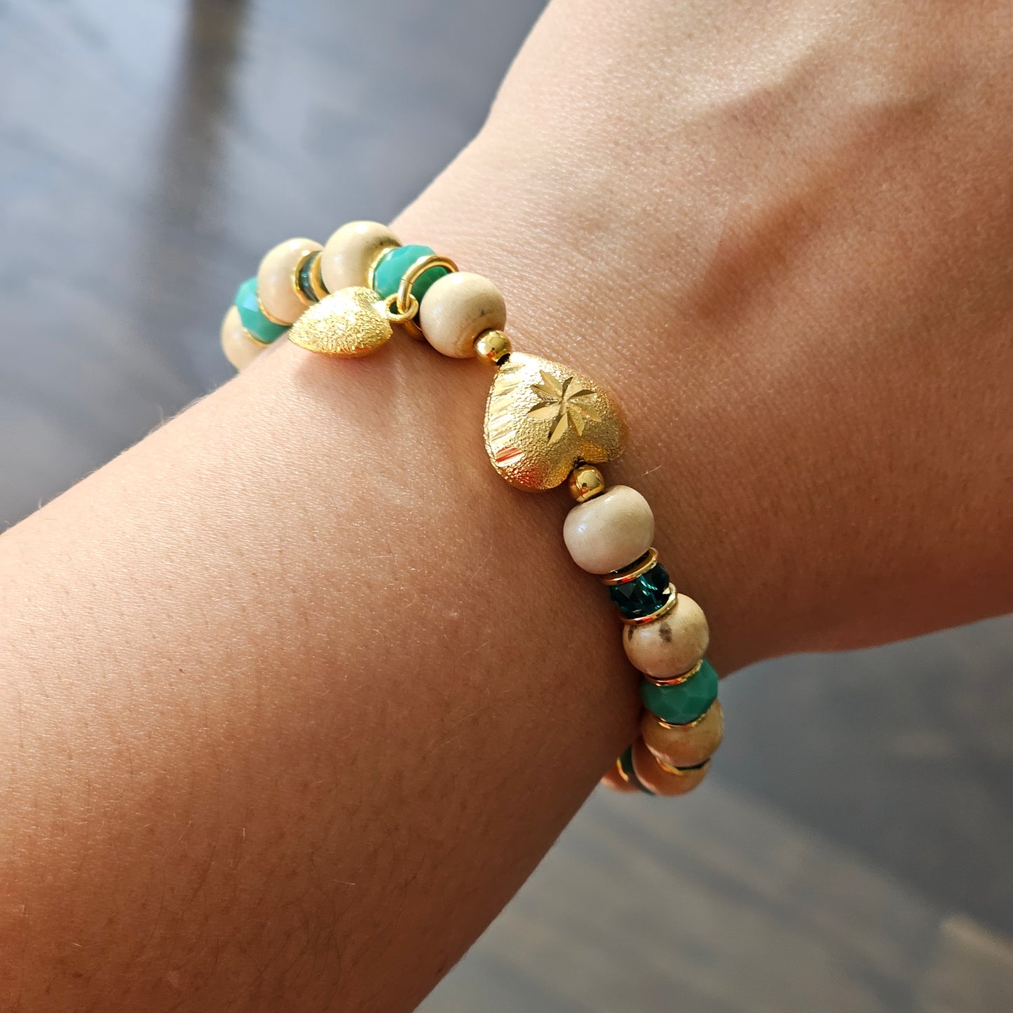 18K Gold Plated Balls, Wood Balls, Green Crystals and Heart Matte Pendant Bracelet