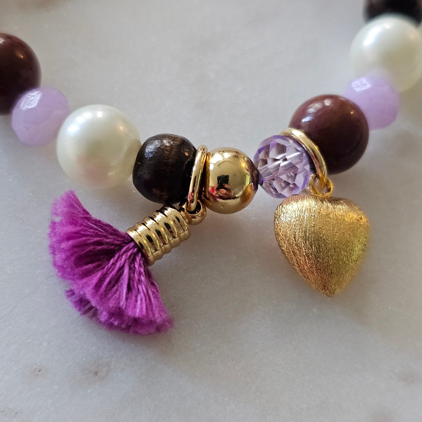 18K Gold Plated Balls, Wood Balls, Pearls And Purple Crystals