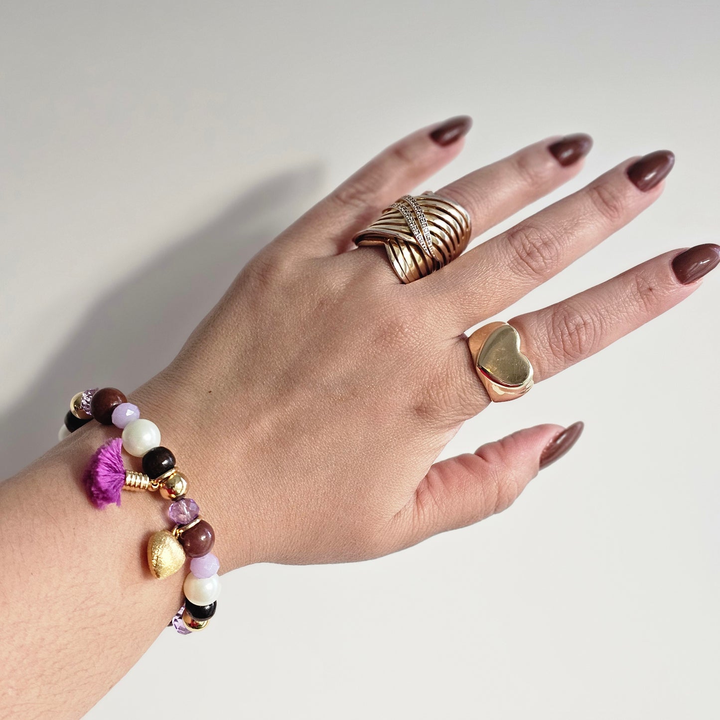 18K Gold Plated Balls, Wood Balls, Pearls And Purple Crystals