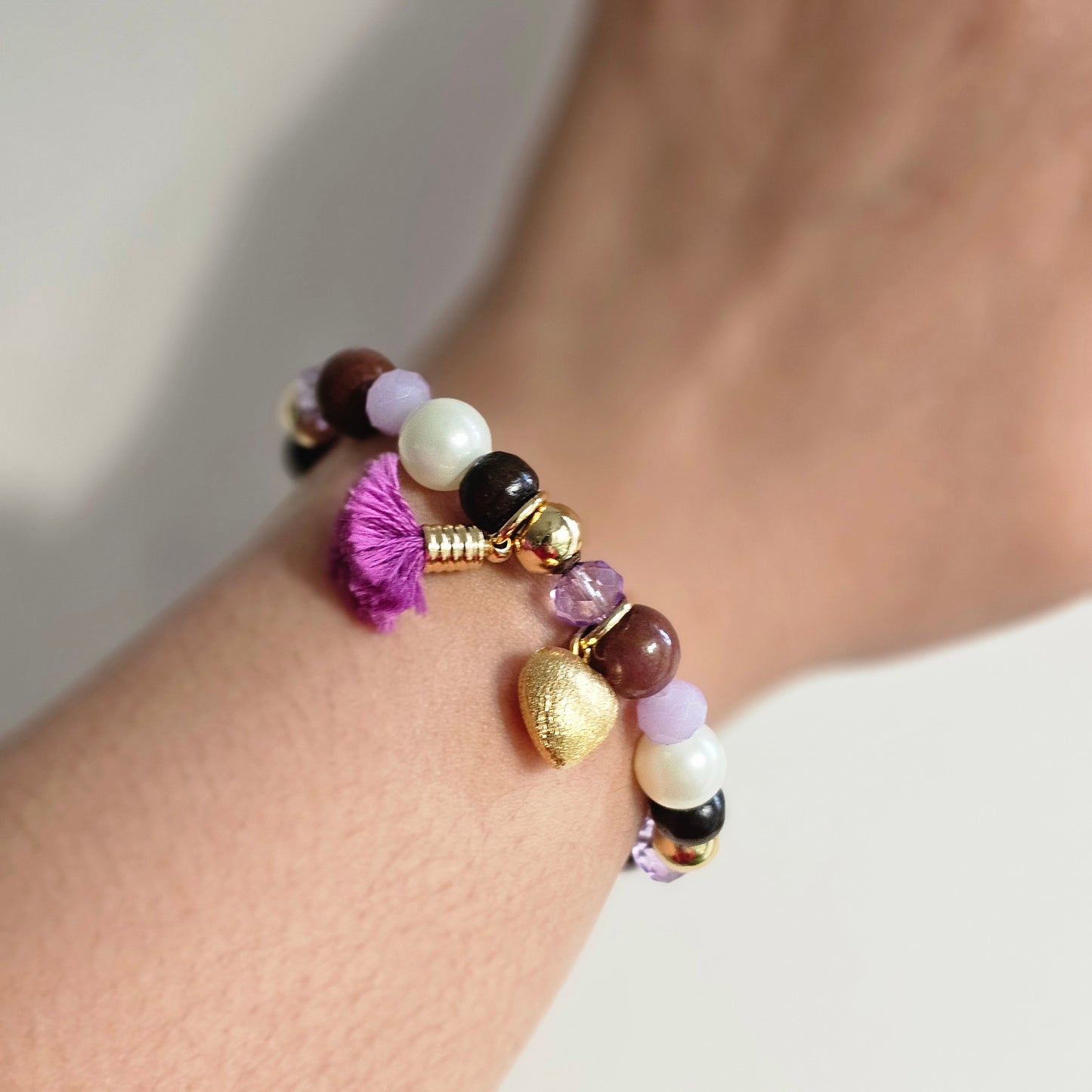 18K Gold Plated Balls, Wood Balls, Pearls And Purple Crystals