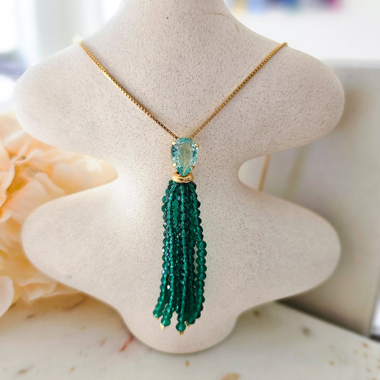 18K Gold Plated Box Chain Green Crystals Fringe Green Paraiba Teardrop Long Necklace