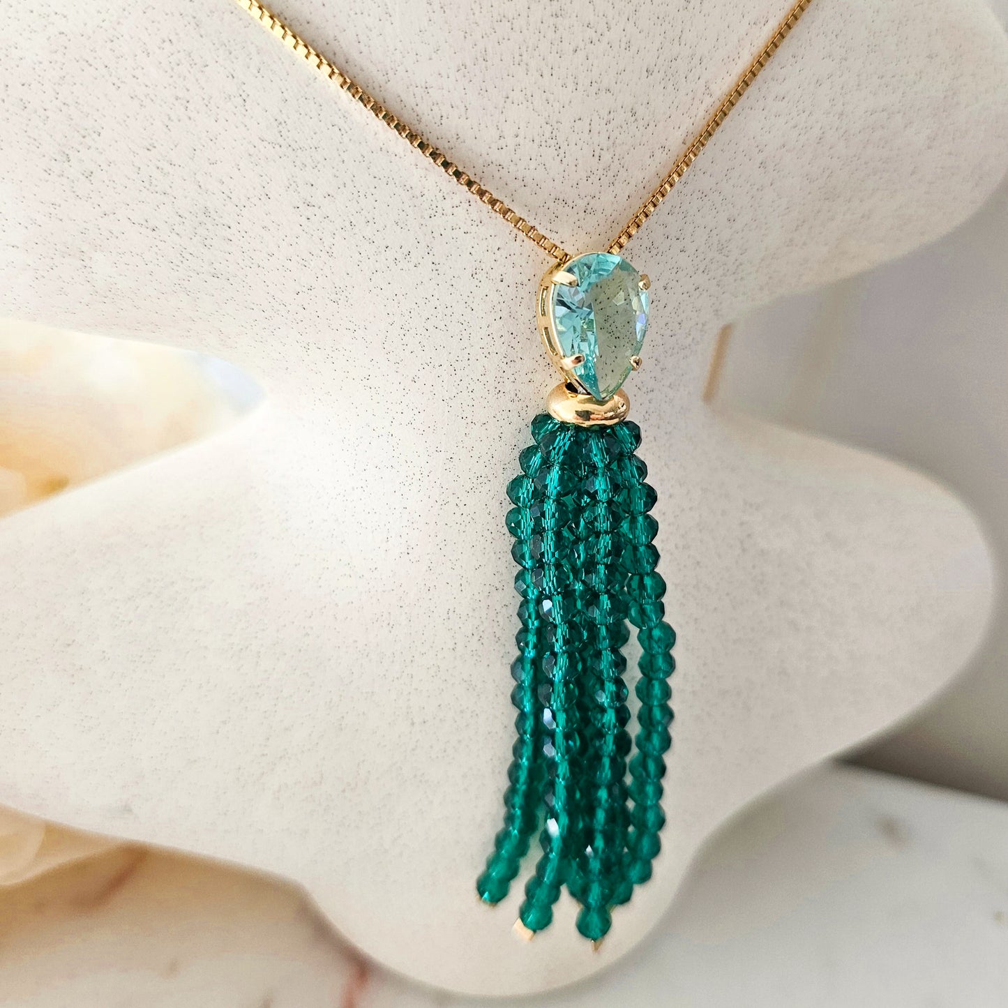 18K Gold Plated Box Chain Green Crystals Fringe Green Paraiba Teardrop Long Necklace