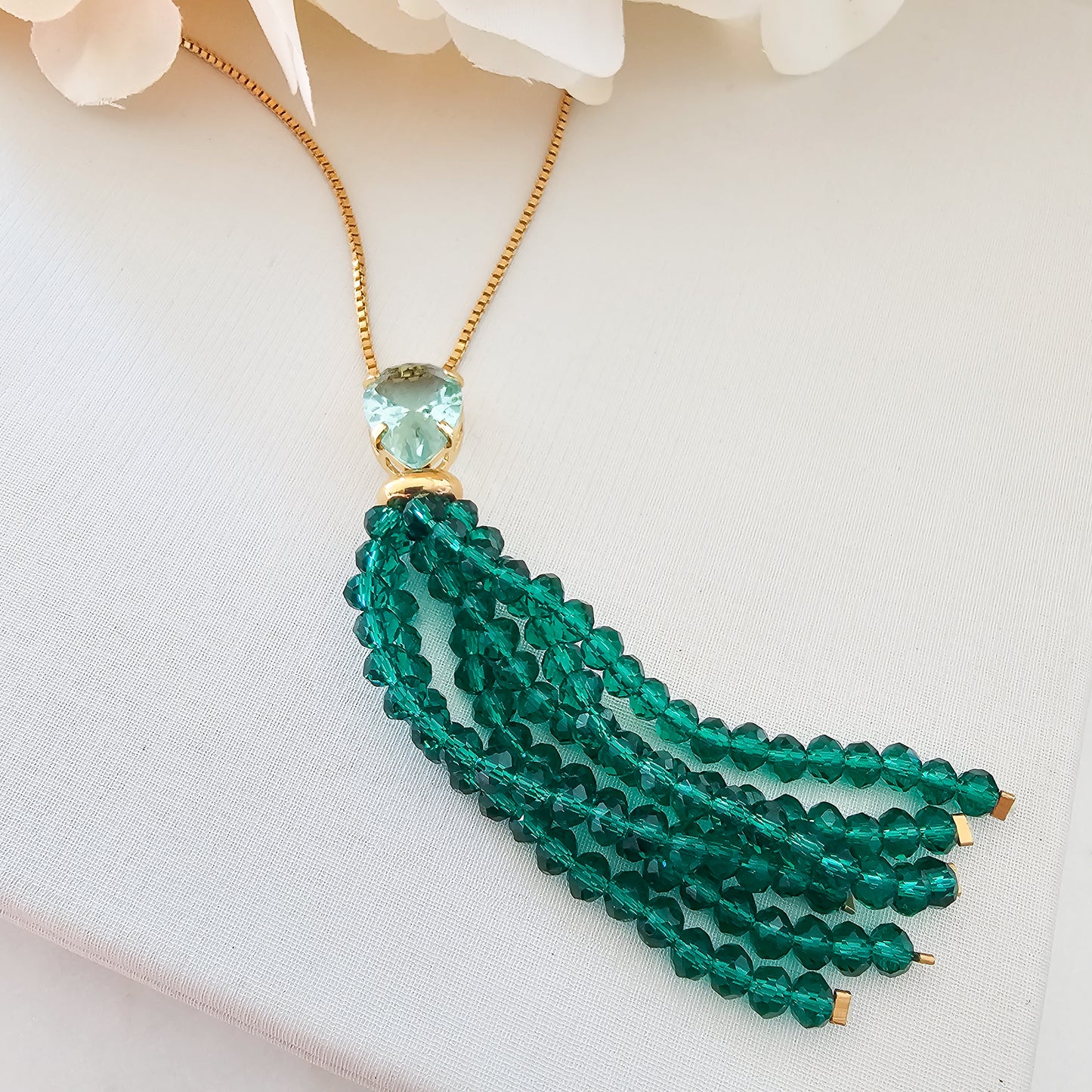 18K Gold Plated Box Chain Green Crystals Fringe Green Paraiba Teardrop Long Necklace
