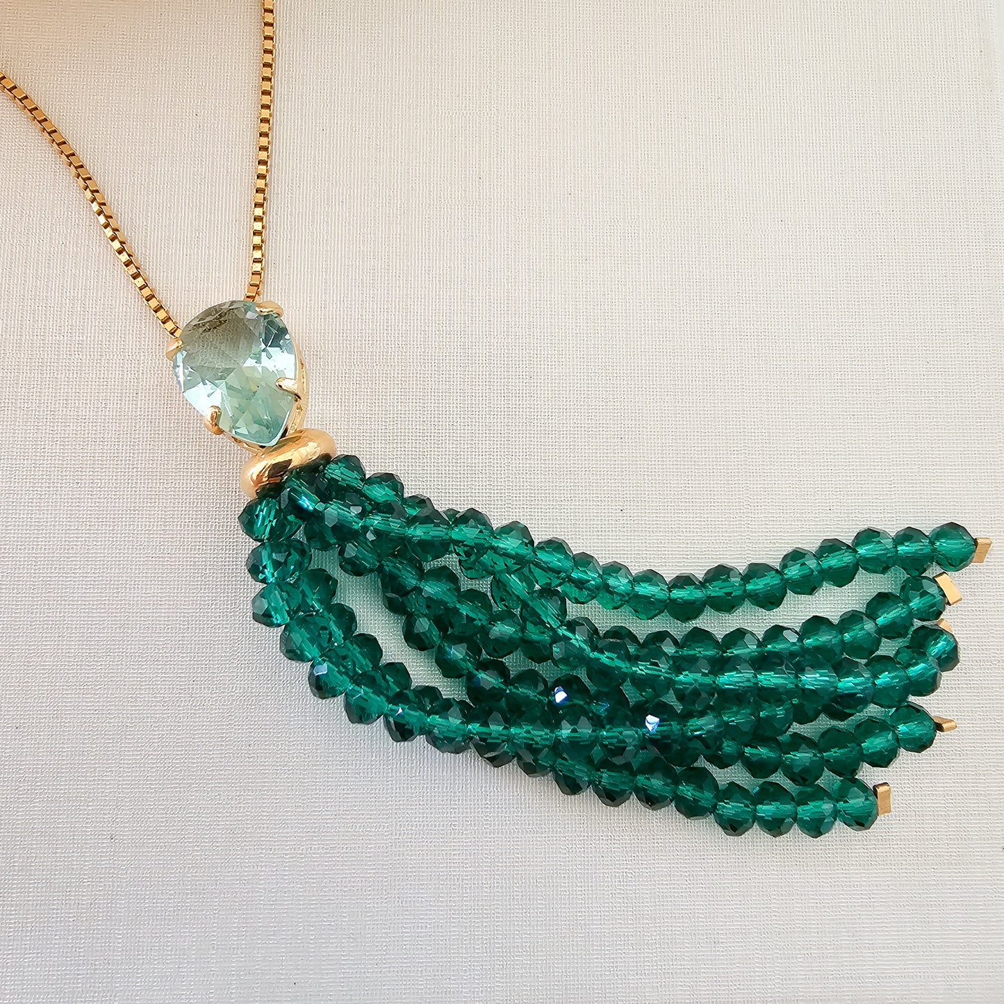 18K Gold Plated Box Chain Green Crystals Fringe Green Paraiba Teardrop Long Necklace