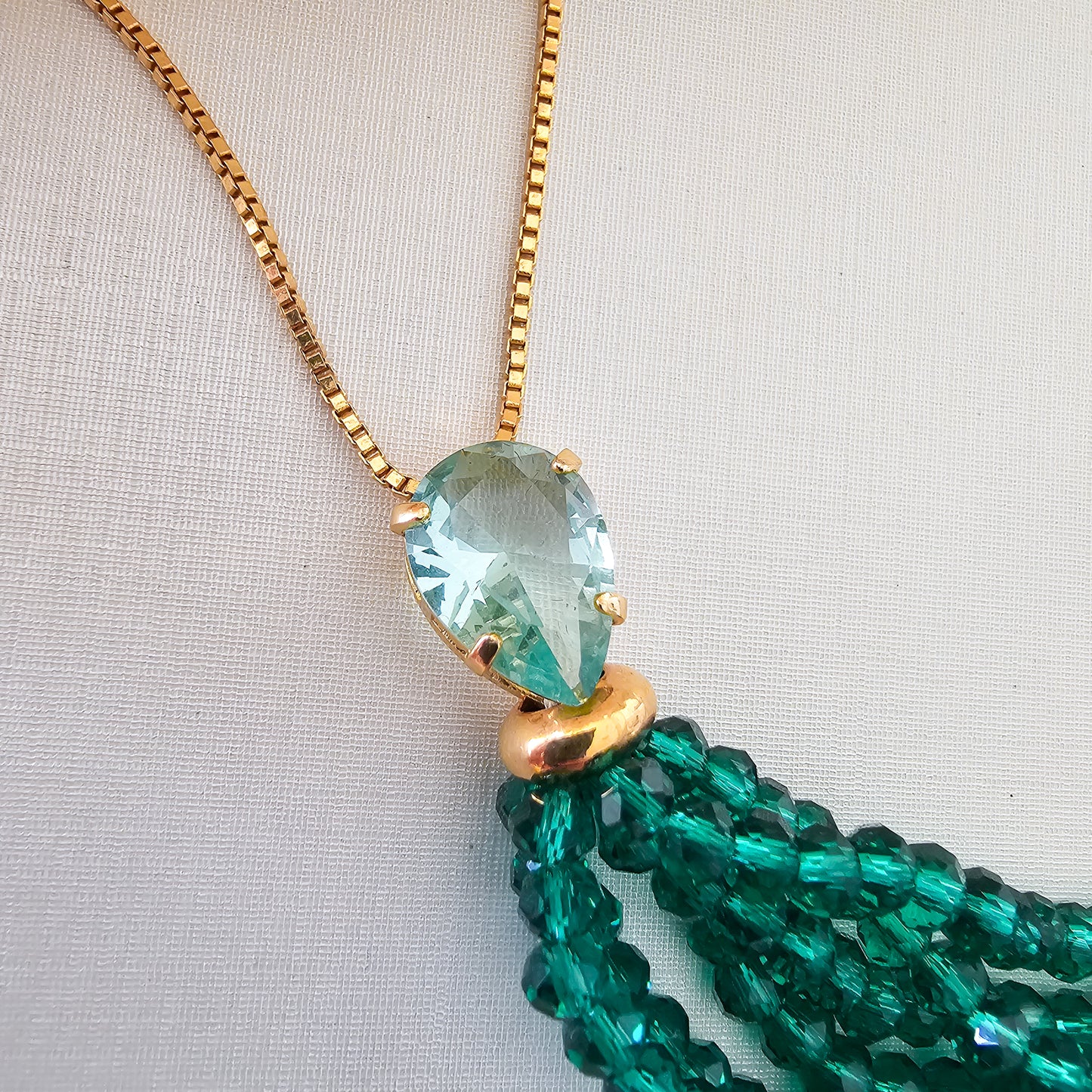 18K Gold Plated Box Chain Green Crystals Fringe Green Paraiba Teardrop Long Necklace