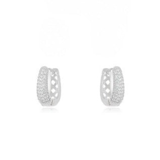 White Rhodium Plated Small Click Oval Hoops Studded Zirconia Earrings