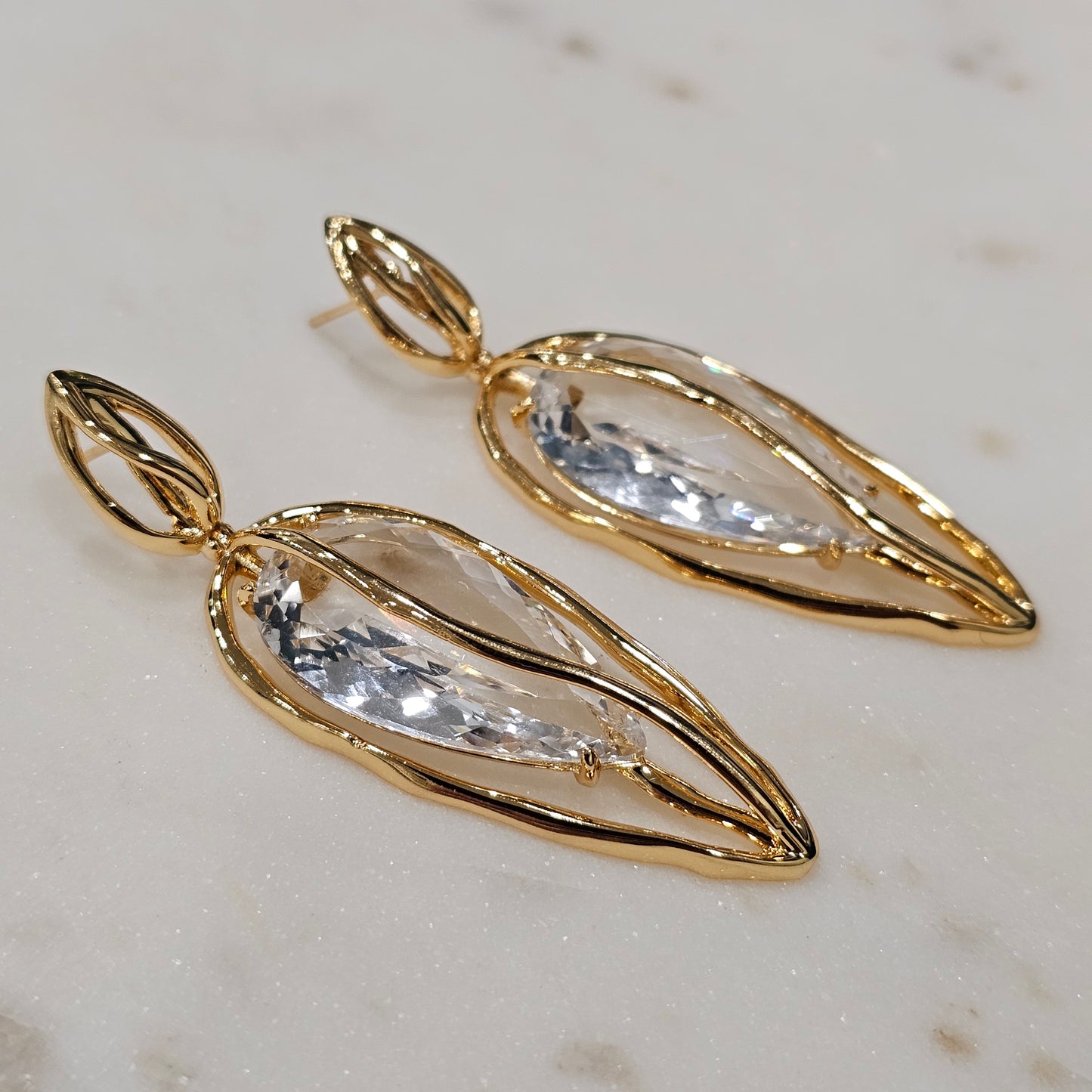 18K Gold Plated Dangling Teardrop Crystal Organic Earrings
