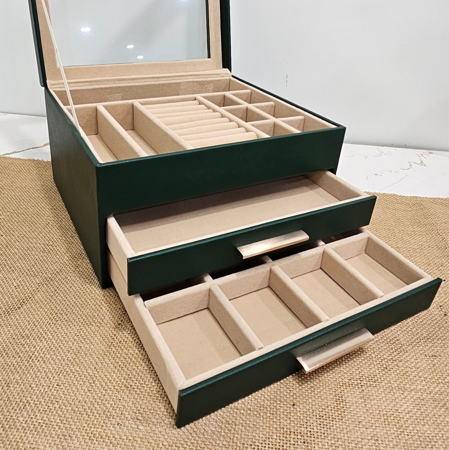Green Jewelry Box with Glass Lid, 3-Layer Jewelry Organizer, 2 Drawers, 8 x 9.1 x 5.3 Inches
