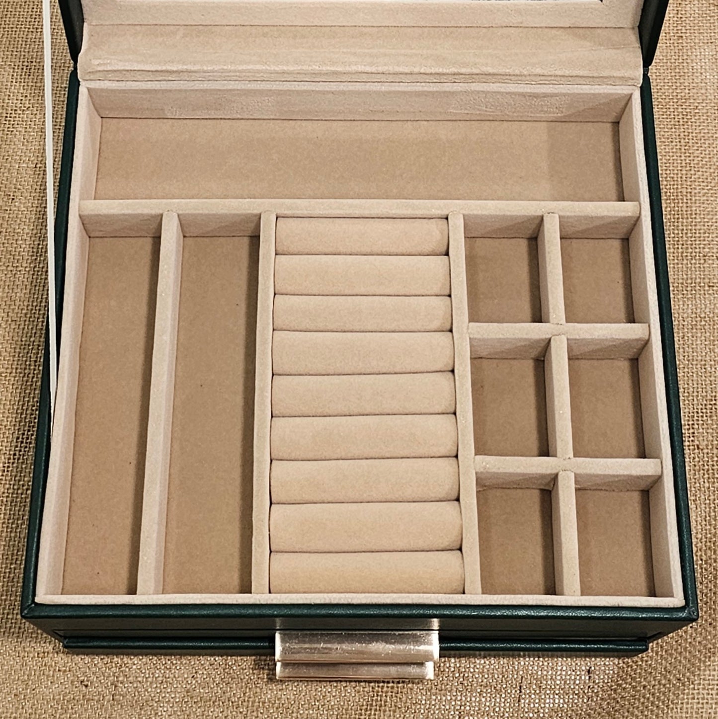 Green Jewelry Box with Glass Lid, 3-Layer Jewelry Organizer, 2 Drawers, 8 x 9.1 x 5.3 Inches