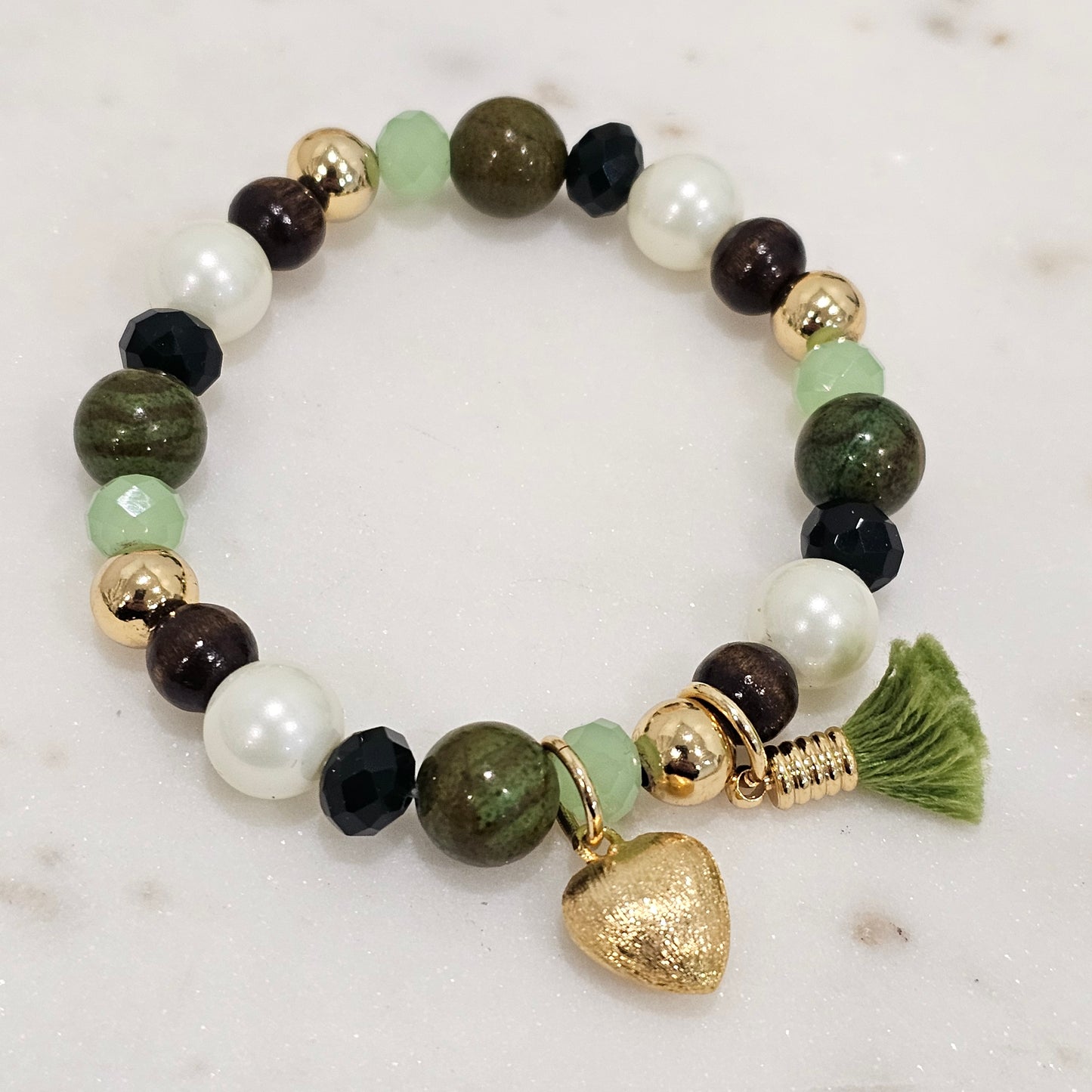 18K Gold Plated Green Balls Ping Heart and Pompom Bracelet