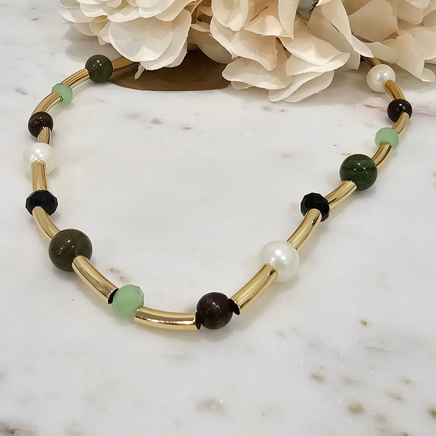 18K Gold Plated Tubes, Green Crystals and Stones, Pearls, and Wood Balls Necklace
