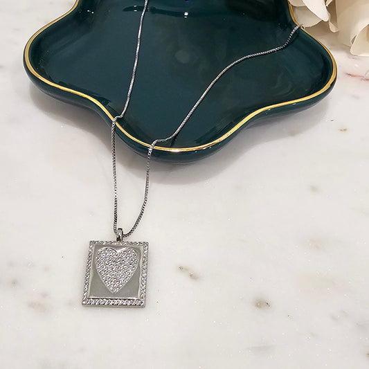 White Rhodium Chain Studded Zirconia Heart Rhodium Shape Necklace