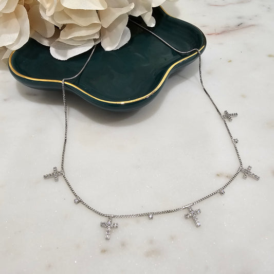 White Rhodium Plated Box Mini Cross Studded Zirconia Necklace