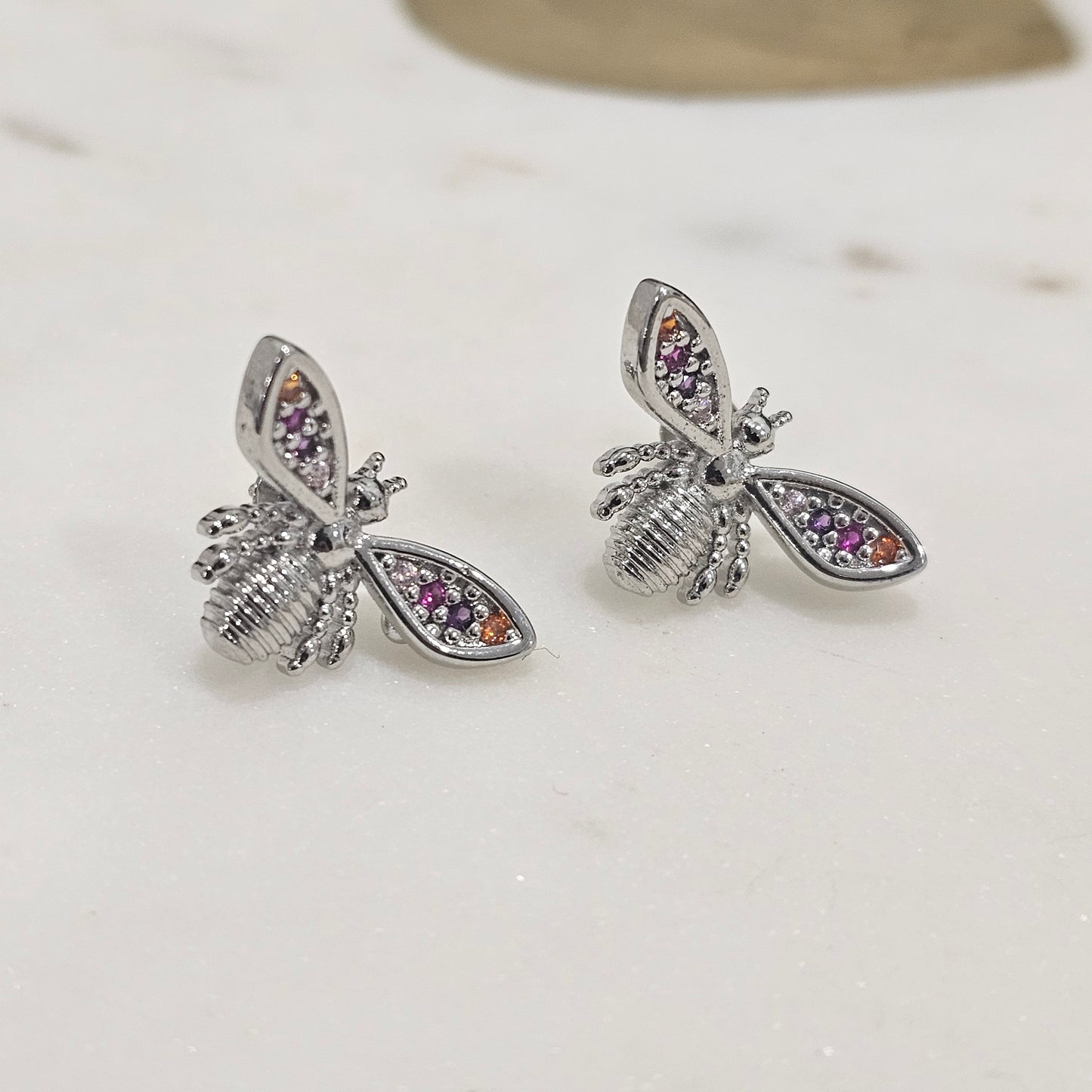 White Rhodium Plated Dragon-Fly Rainbow Zirconia Earrings