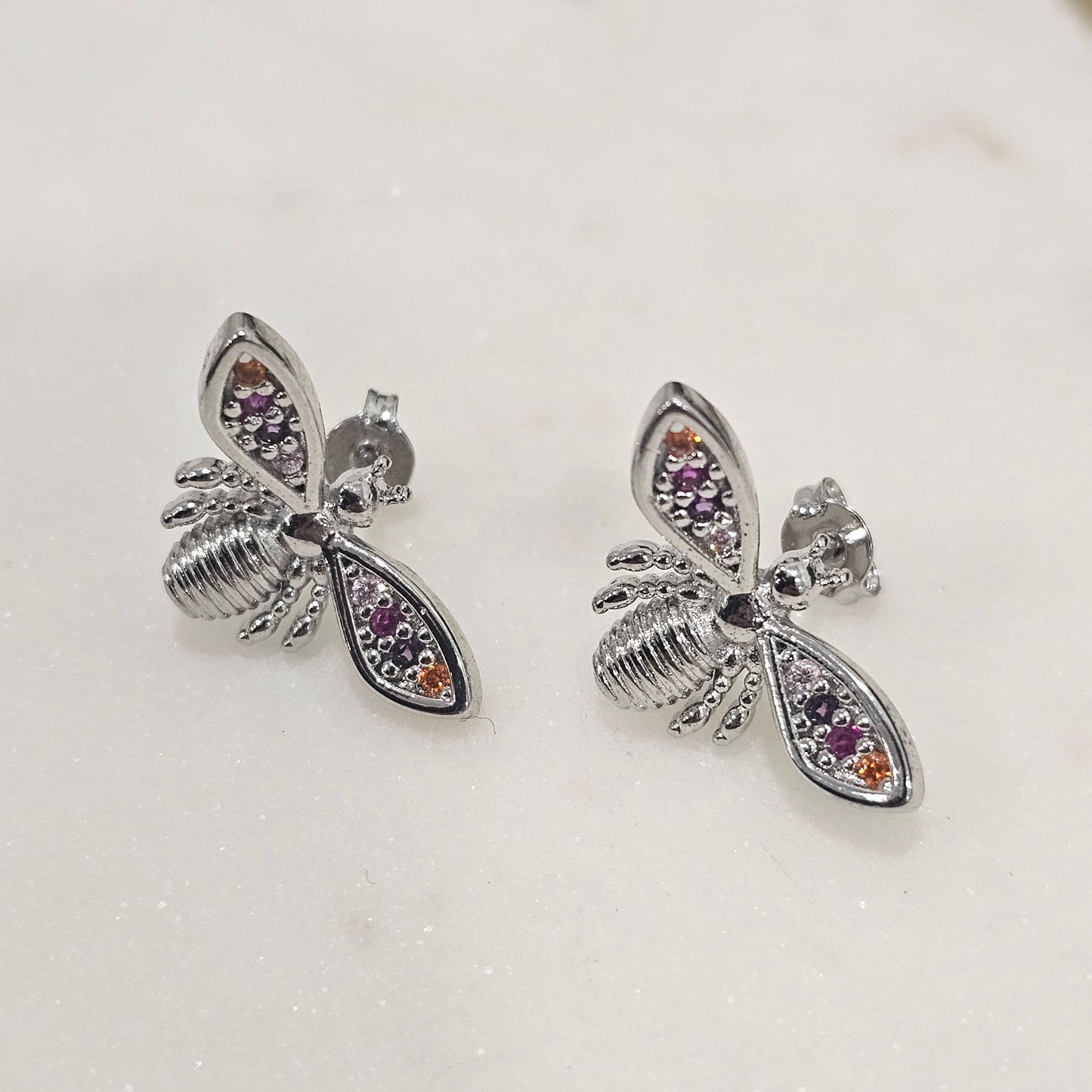 White Rhodium Plated Dragon-Fly Rainbow Zirconia Earrings