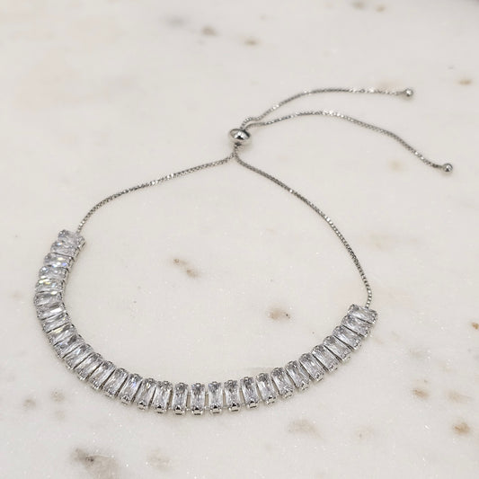 White Rhodium Plated Baguette Zirconia Adjustable Bracelet