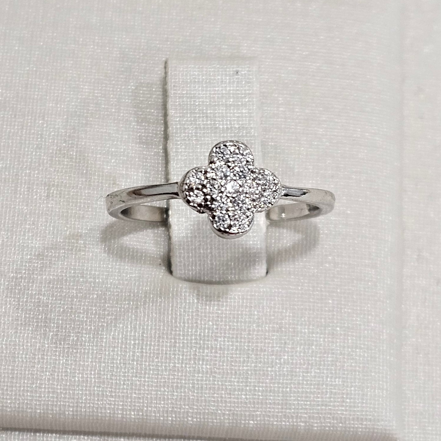 White Rhodium Plated Clover Studded Zirconia Ring
