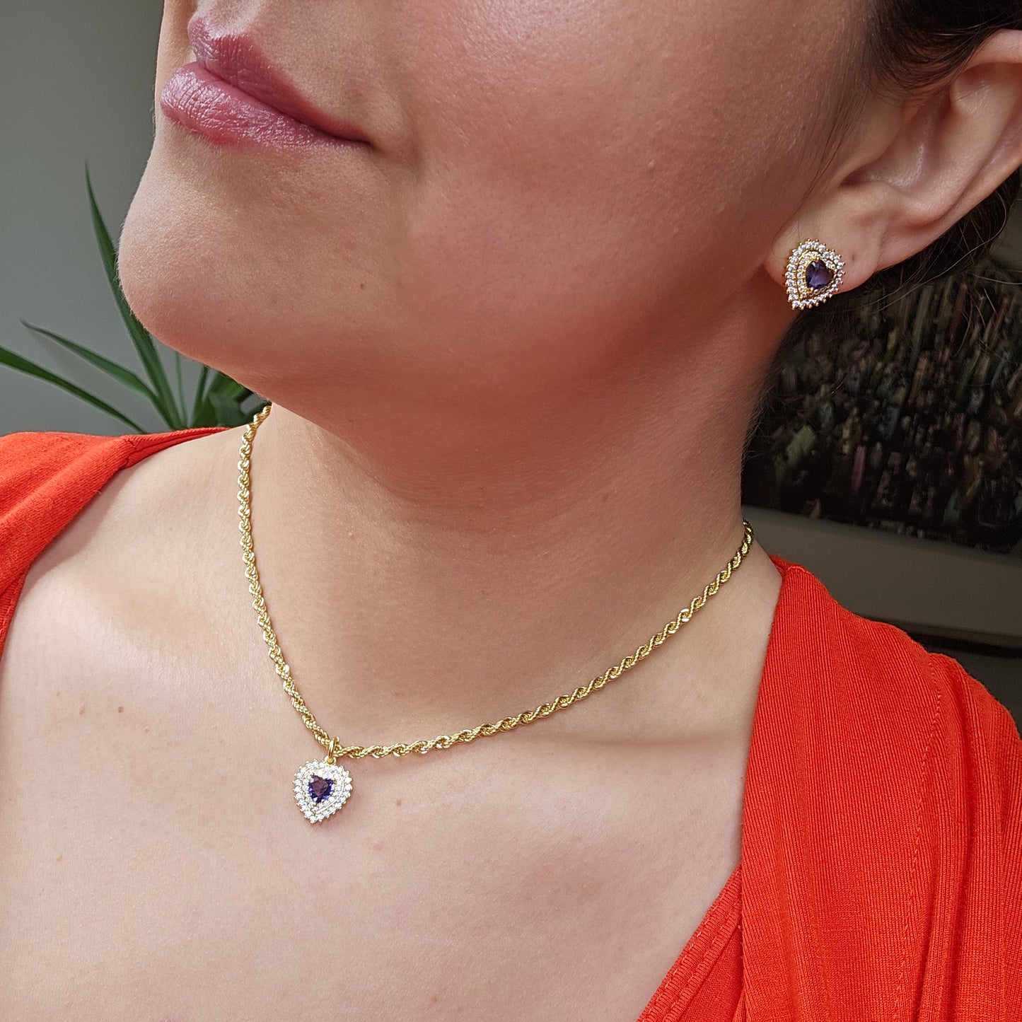 18K Gold Plated Studded Zirconia Purple Heart Shape Set