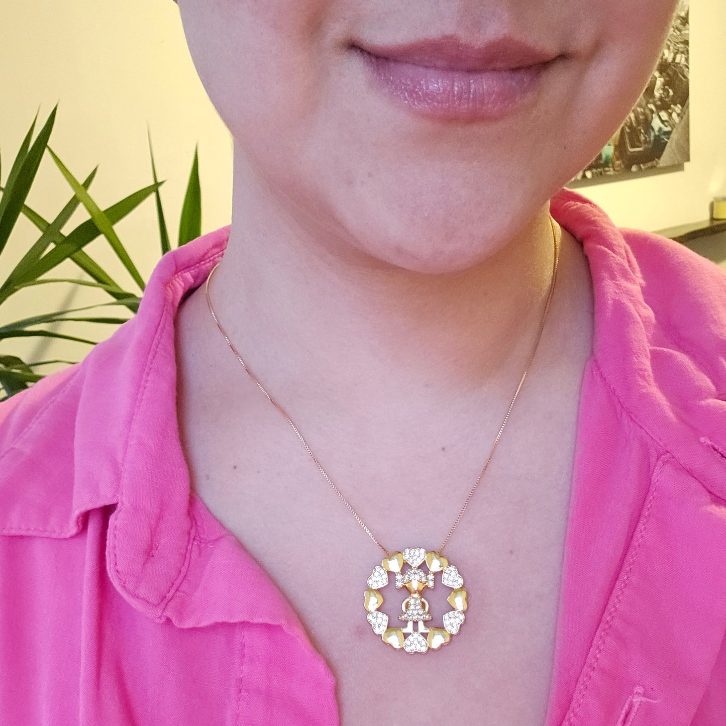 18K Gold Plated Studded Zirconia Girl Circle Hearts Necklace