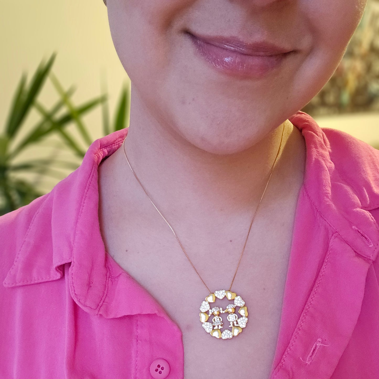 18K Gold Plated Studded Zirconia Boy & Girl Circle Hearts Necklace