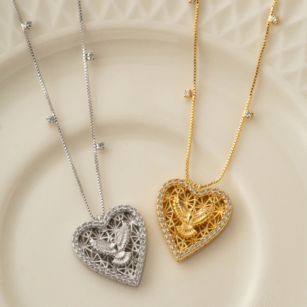 White Rhodium Plated Religious Studded Zirconia Heart Necklace