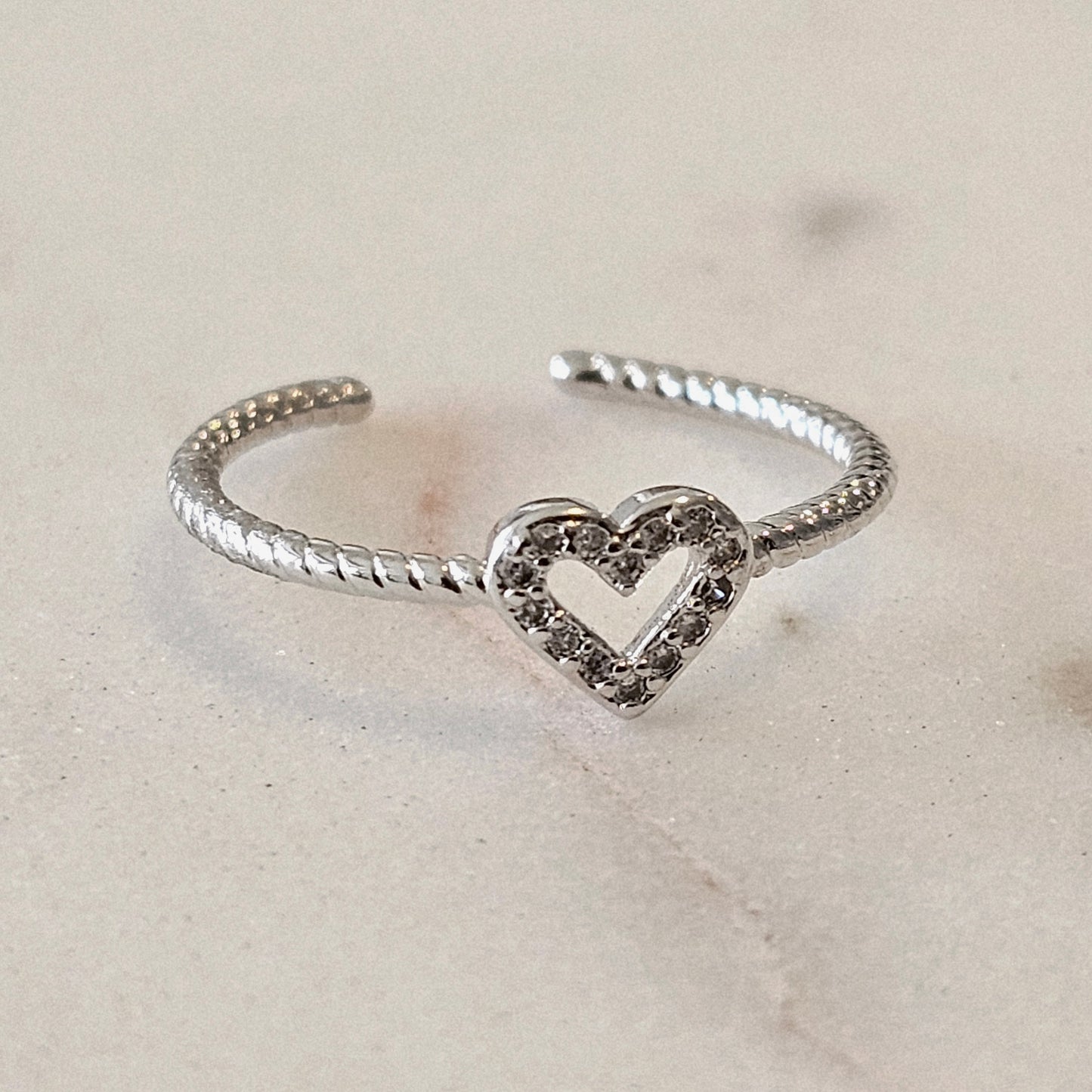 White Rhodium Plated Adjustable Delicate Studded Zirconia Heart Ring