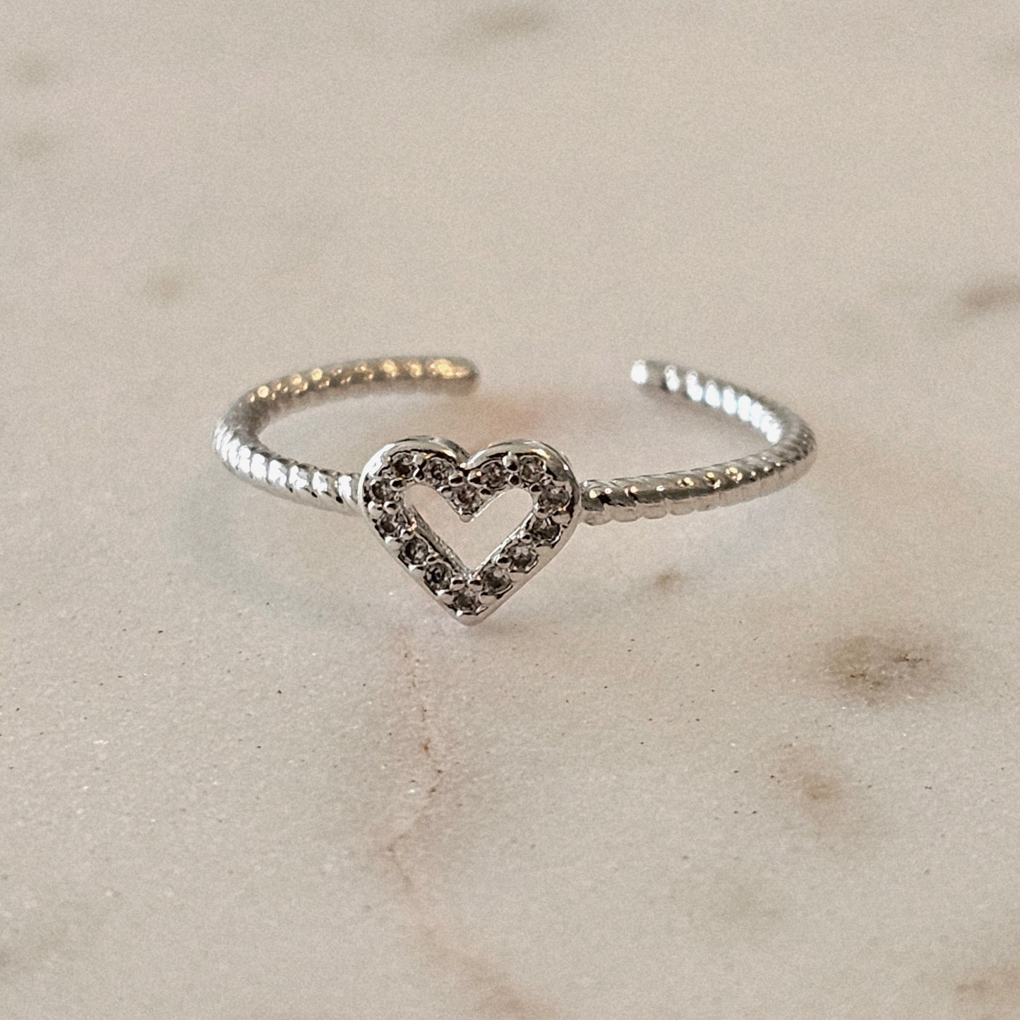White Rhodium Plated Adjustable Delicate Studded Zirconia Heart Ring