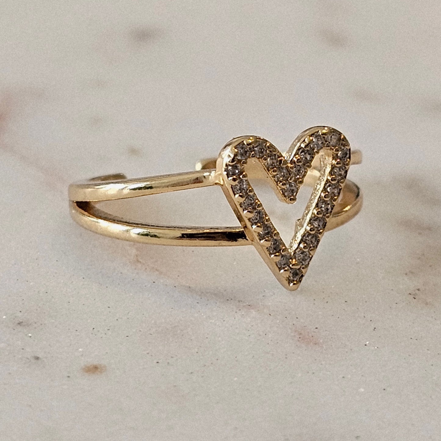18K Gold Plated Adjustable Studded Zirconia Heart Ring