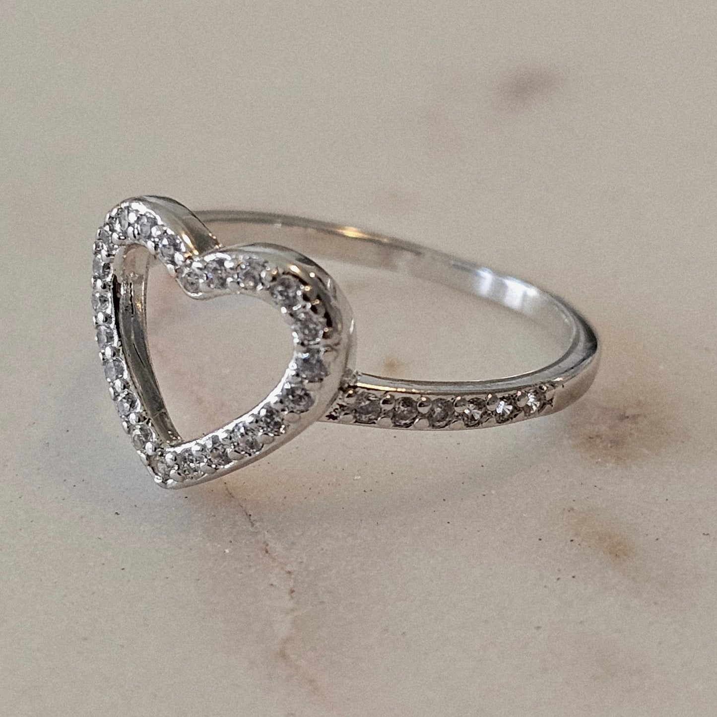 White Rhodium Plated Studded Zirconia Heart Ring