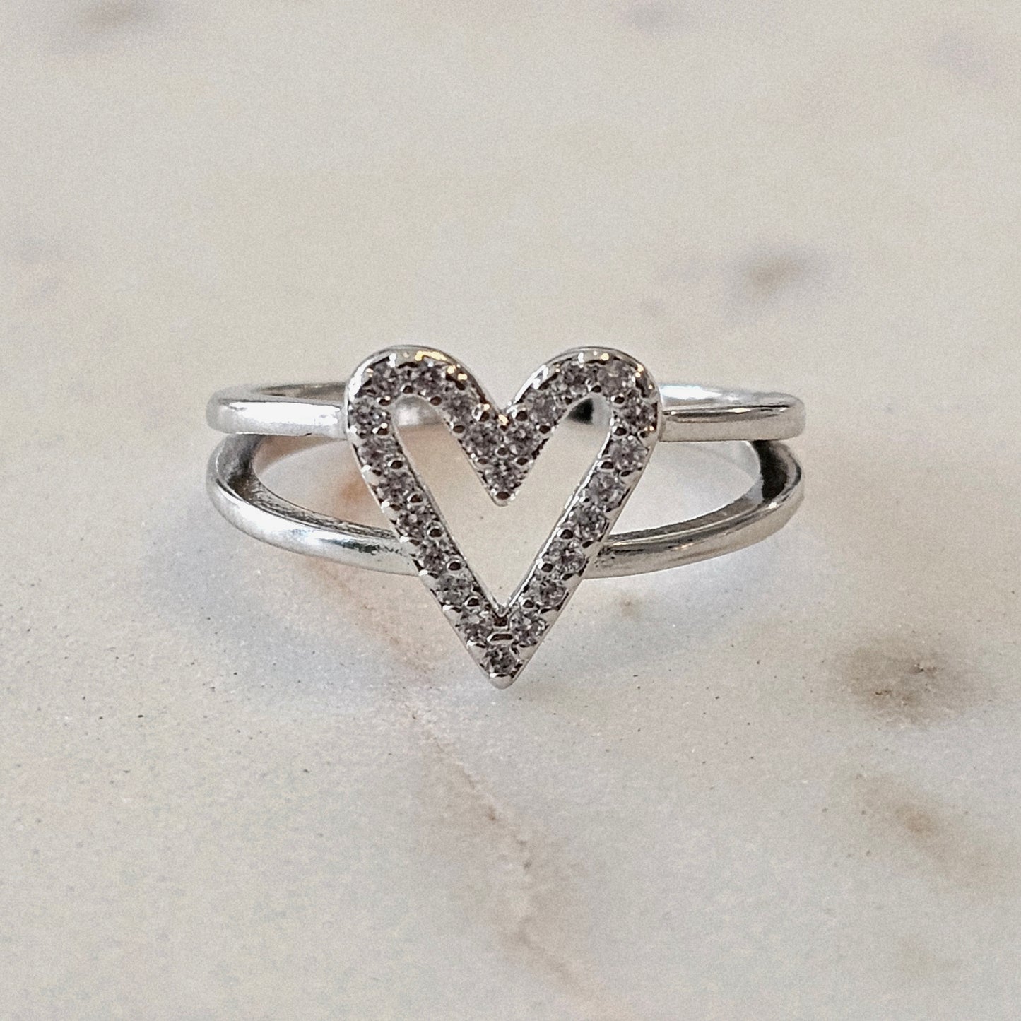 White Rhodium Plated Adjustable Studded Zirconia Heart Ring