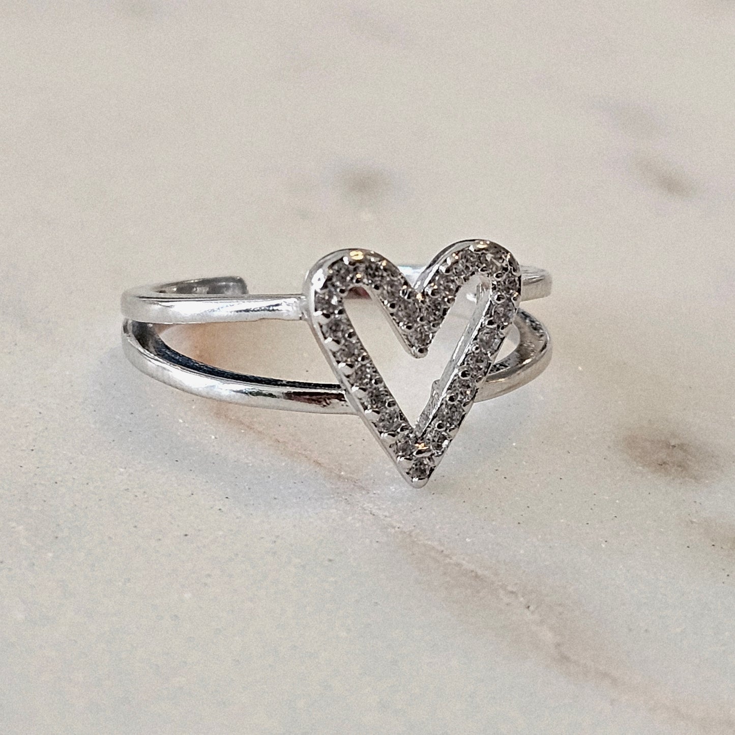 White Rhodium Plated Adjustable Studded Zirconia Heart Ring