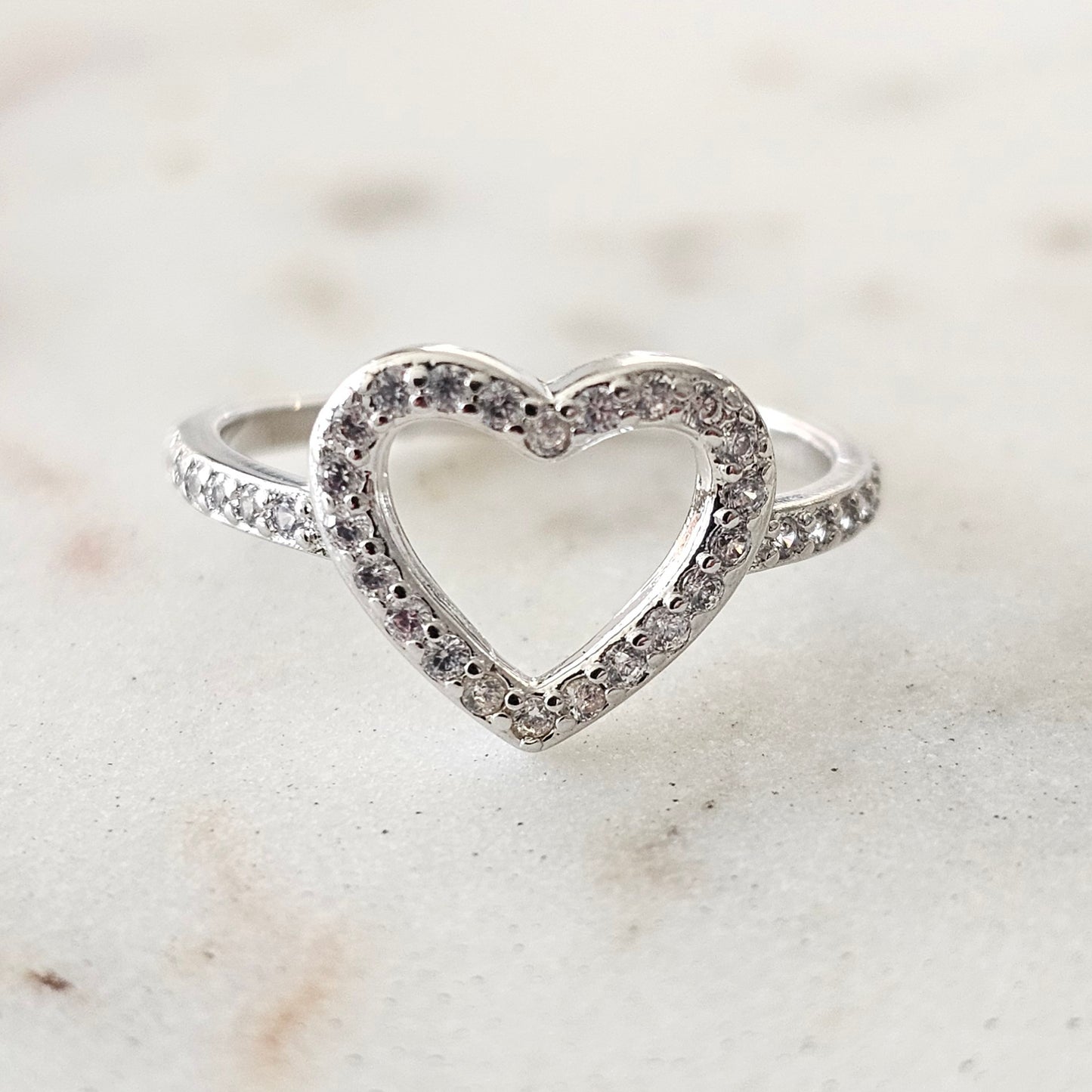 White Rhodium Plated Studded Zirconia Heart Ring