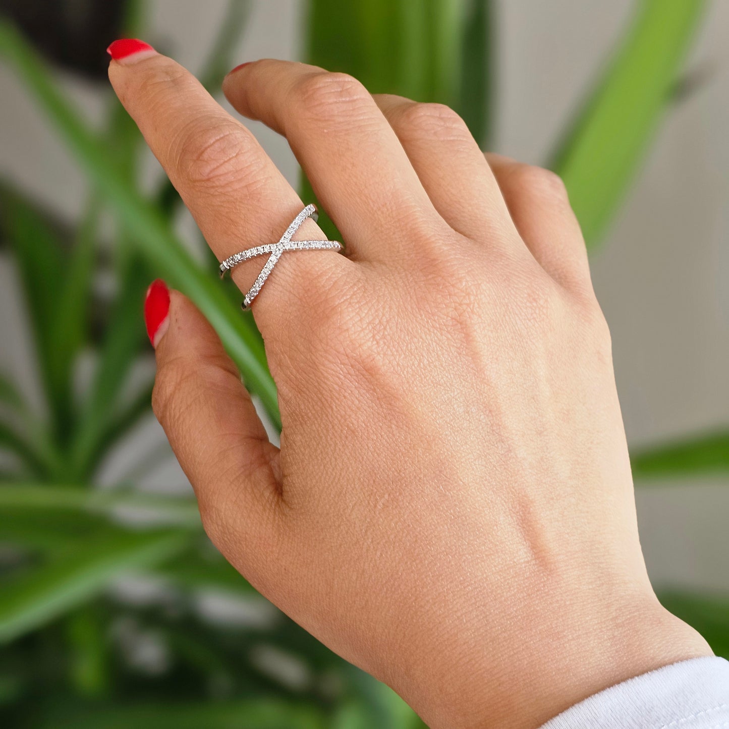 White Rhodium Plated Adjustable Studded Zirconia X Ring