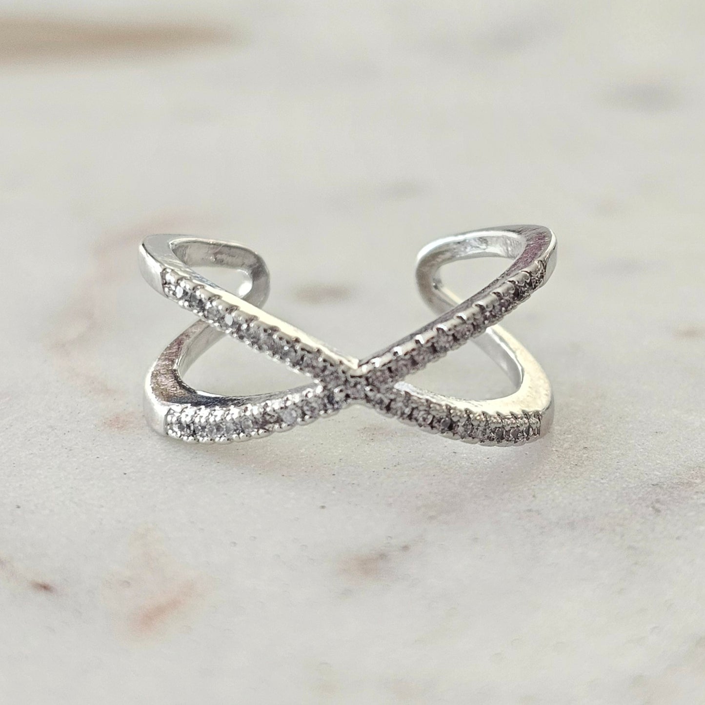 White Rhodium Plated Adjustable Studded Zirconia X Ring