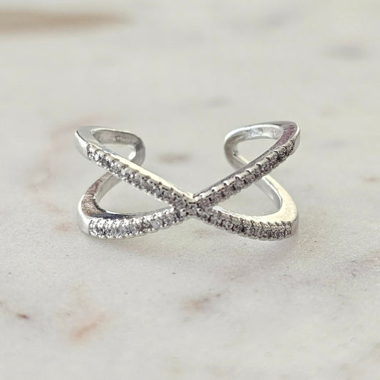 White Rhodium Plated Adjustable Studded Zirconia X Ring