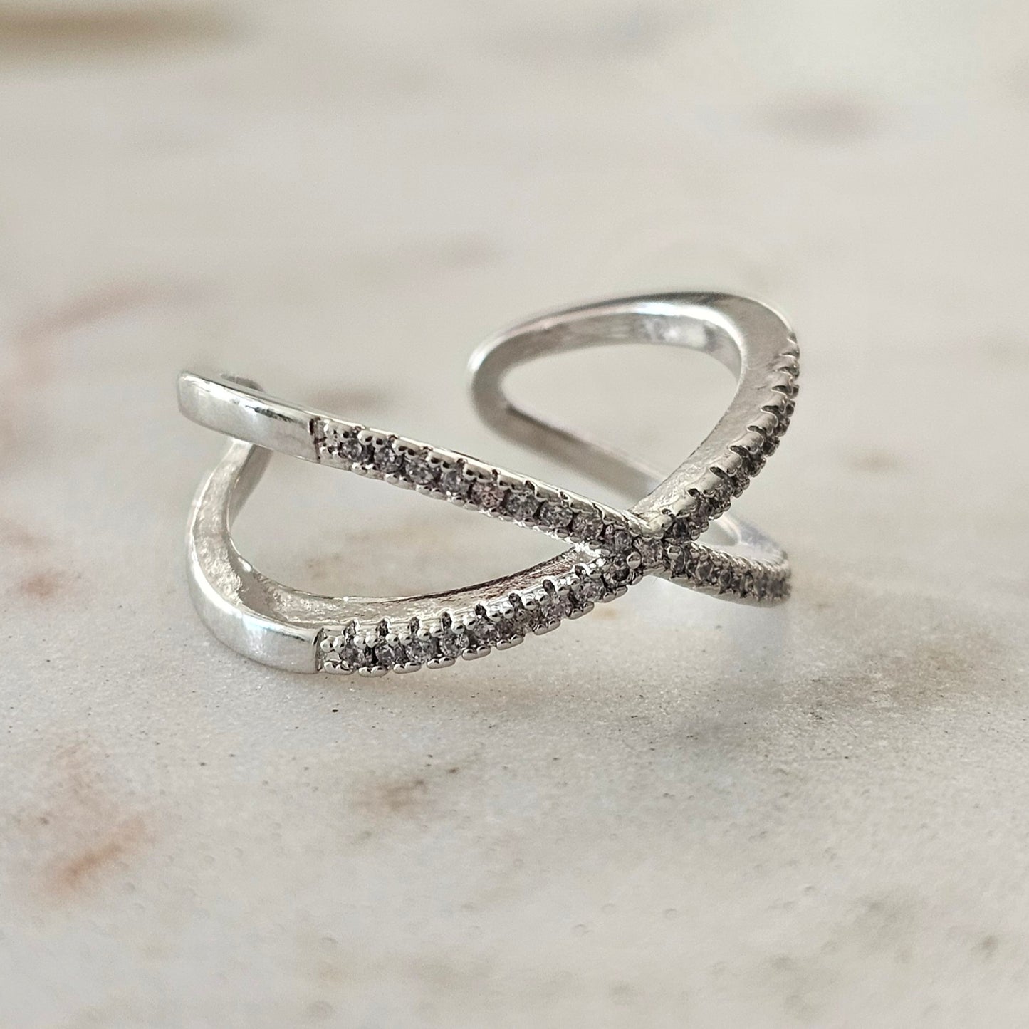 White Rhodium Plated Adjustable Studded Zirconia X Ring