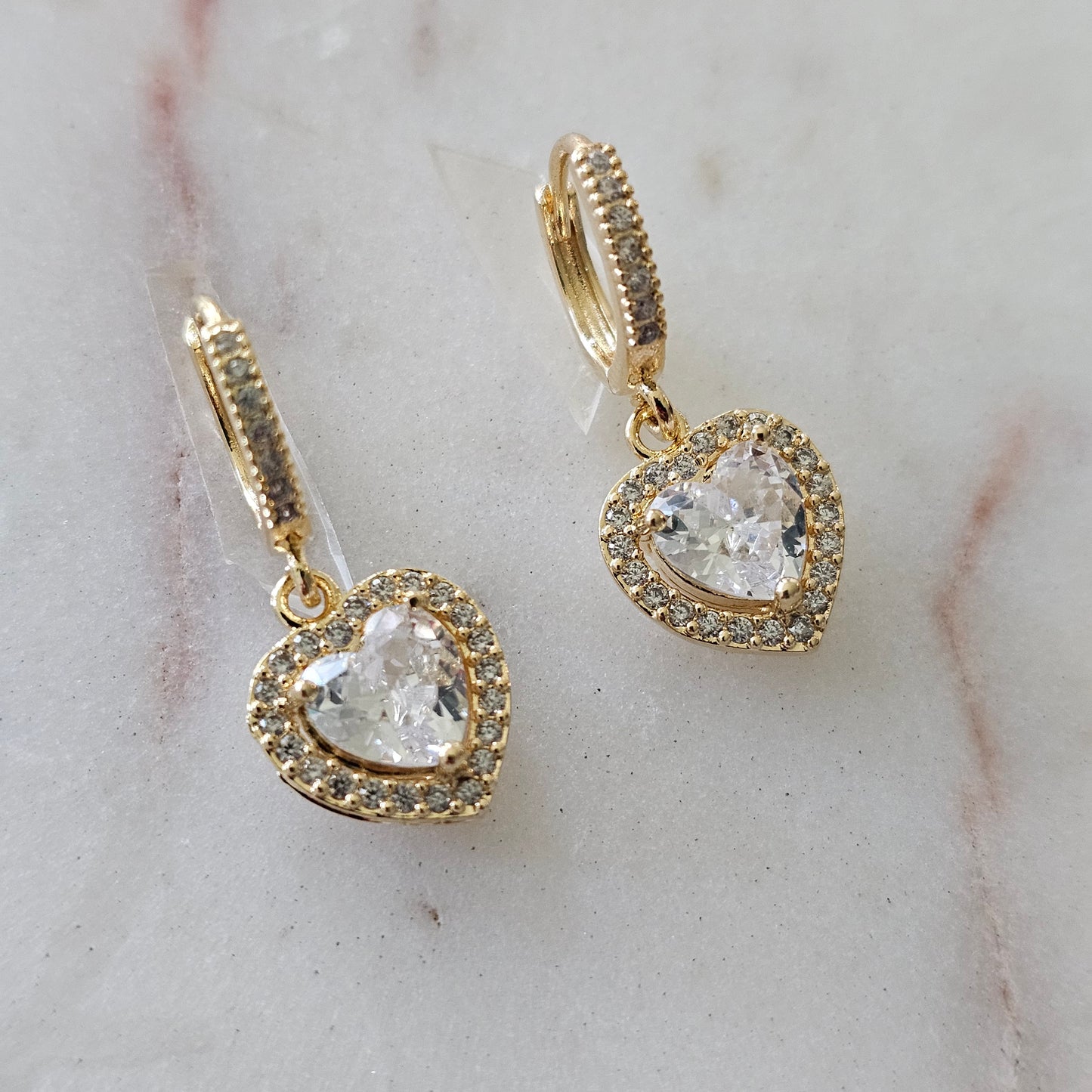 18K Gold Plated Hoops Dangling Studded Zirconia Heart Earrings
