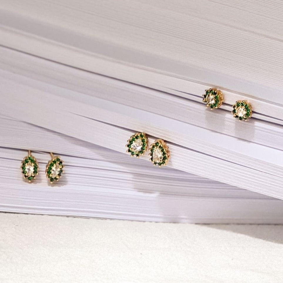 18K Gold Plated Round Green Zirconia Earrings