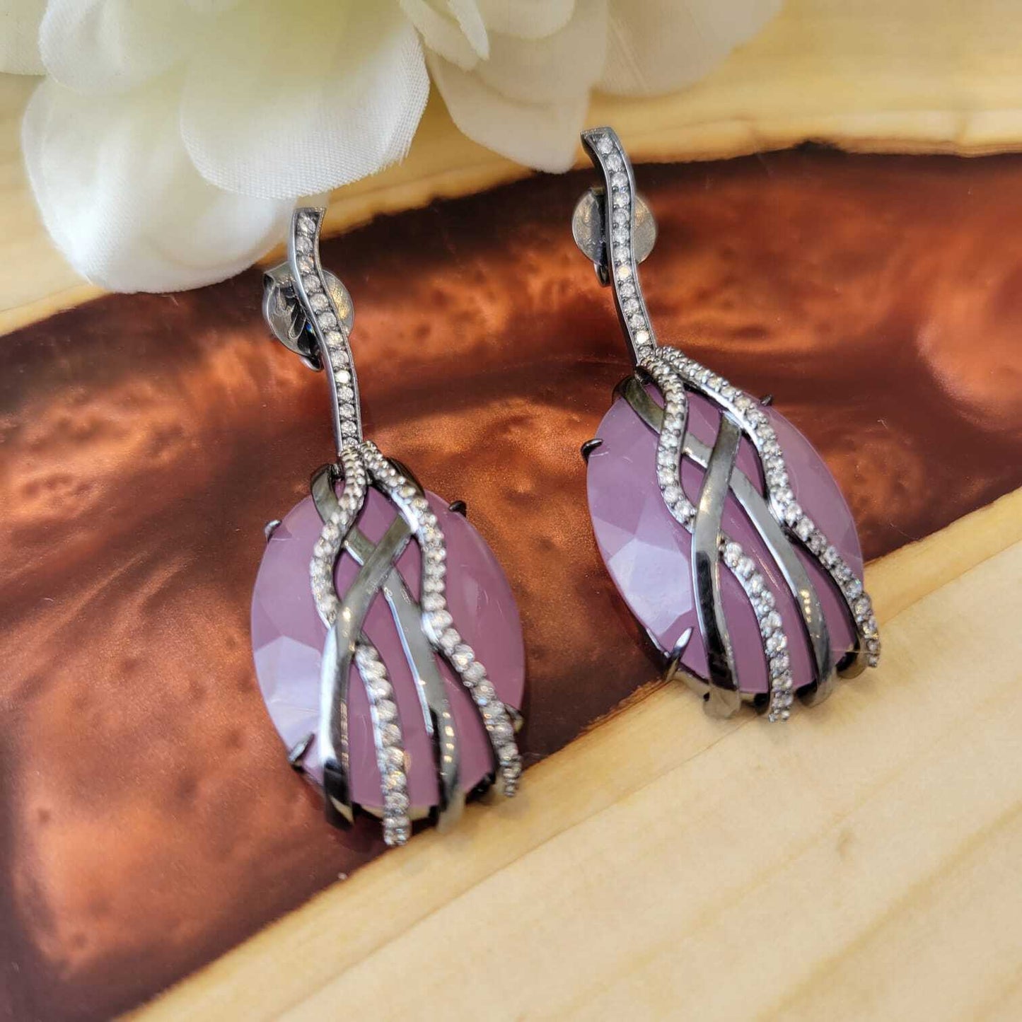 Black Rhodium Chalcedony Stone Earrings