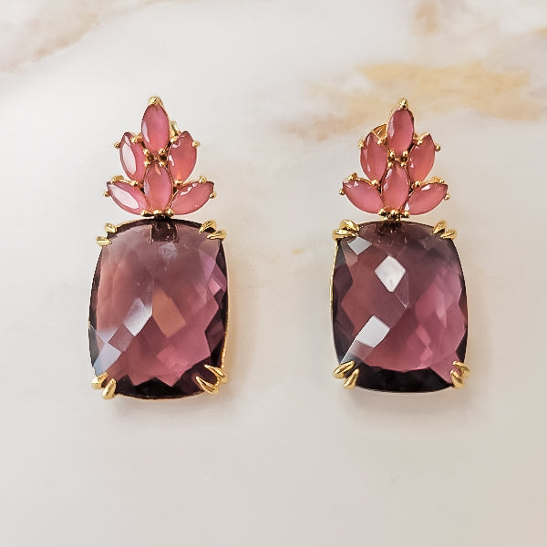18K Gold Plated Square Rodolite Small Rubellite Earrings