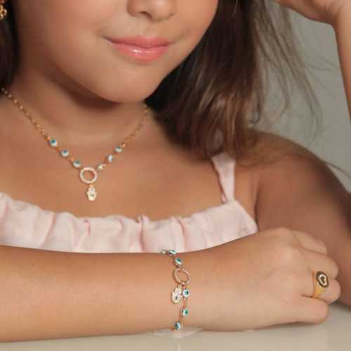 18K Gold Plated Studded Zirconia Hand and Evil Eye Kids Set