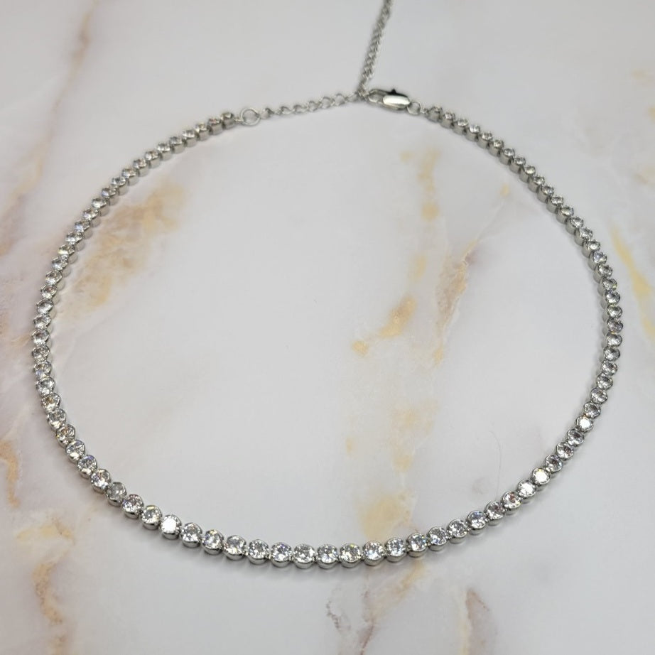 White Rhodium Plated Tennis Bezel Zirconia Necklace 40cm